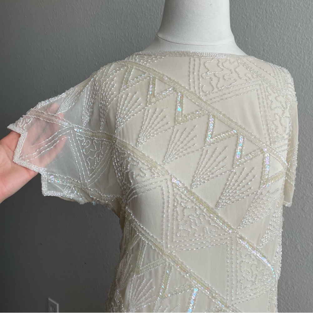 Oleg Cassini 100% Silk Cream Beaded Dress